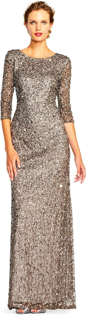 Adrianna Papell Women's 3/4 Sleeve Scoop Back Beaded Gown
