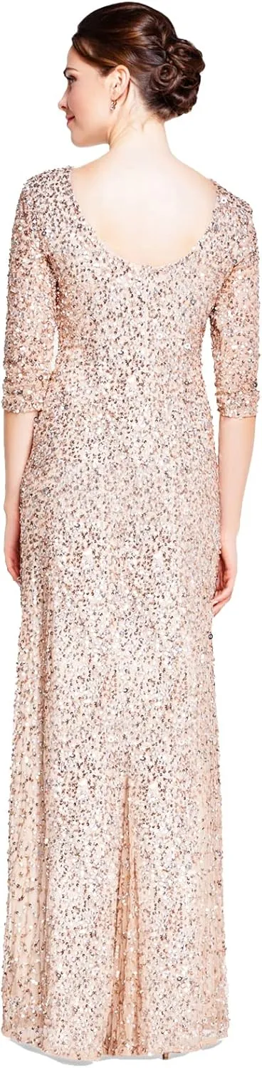 Adrianna Papell Women's 3/4 Sleeve Scoop Back Beaded Gown