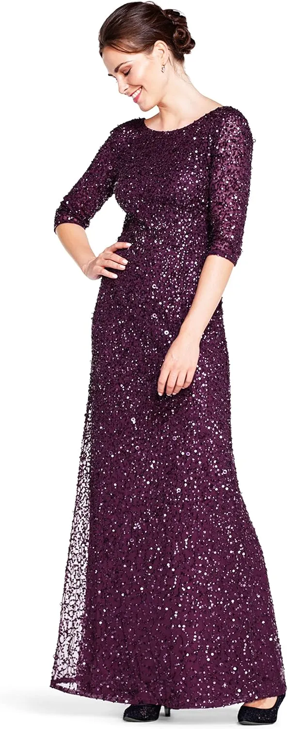 Adrianna Papell Women's 3/4 Sleeve Scoop Back Beaded Gown