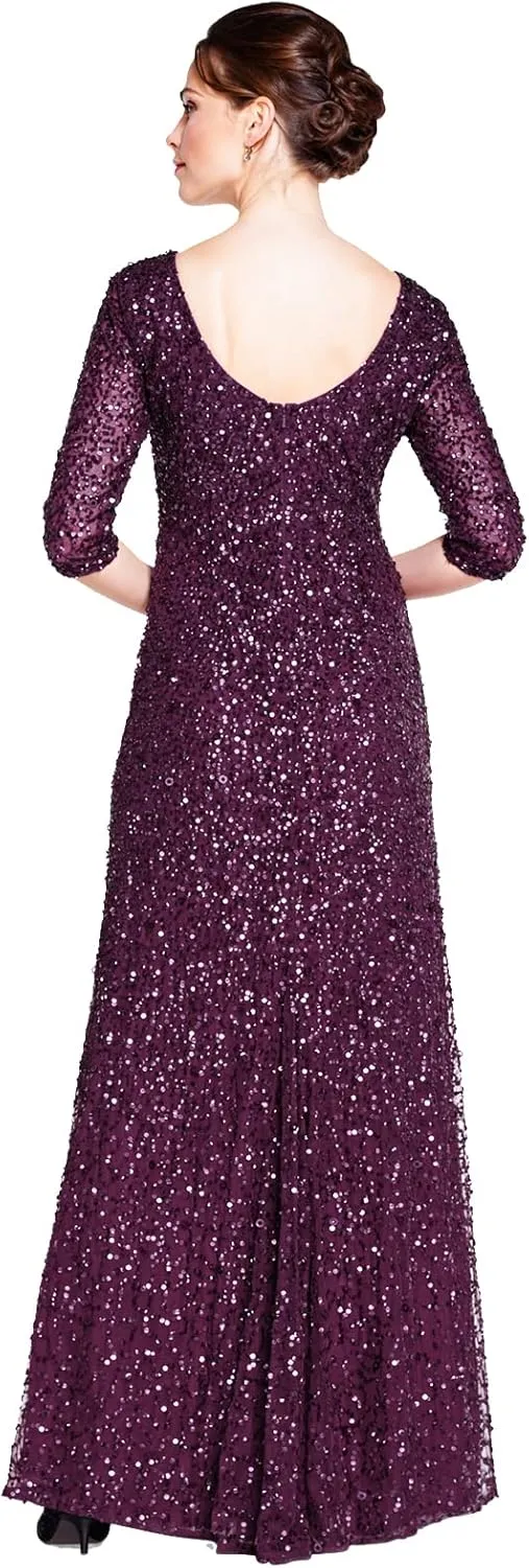 Adrianna Papell Women's 3/4 Sleeve Scoop Back Beaded Gown