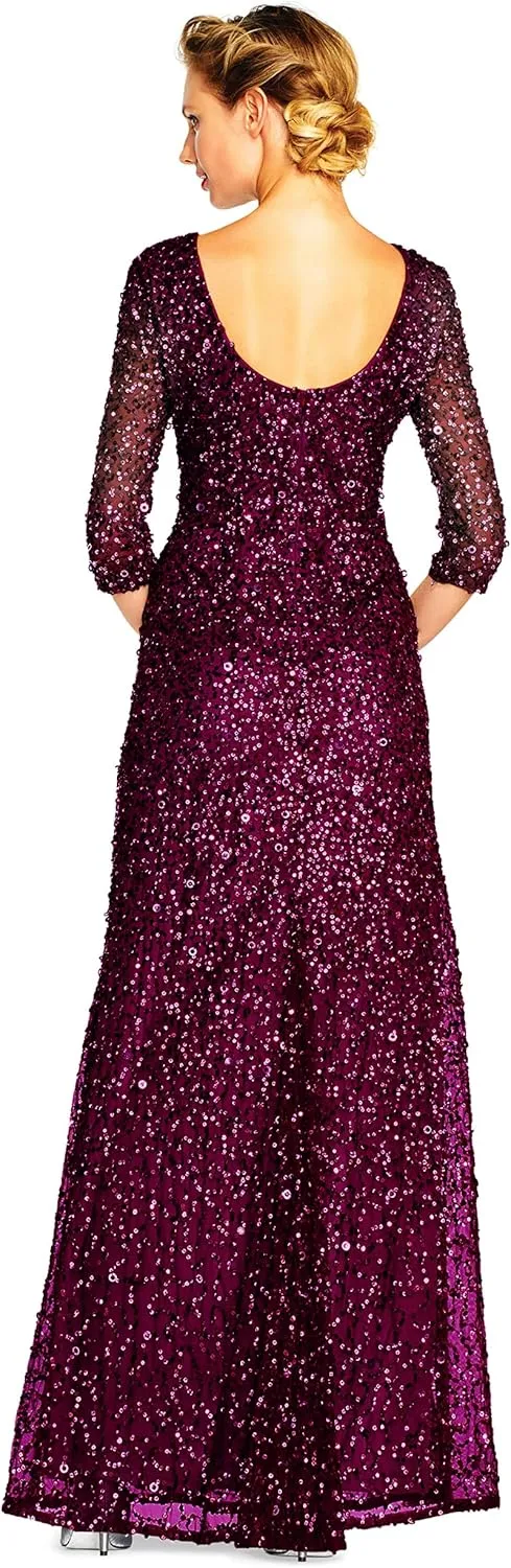 Adrianna Papell Women's 3/4 Sleeve Scoop Back Beaded Gown