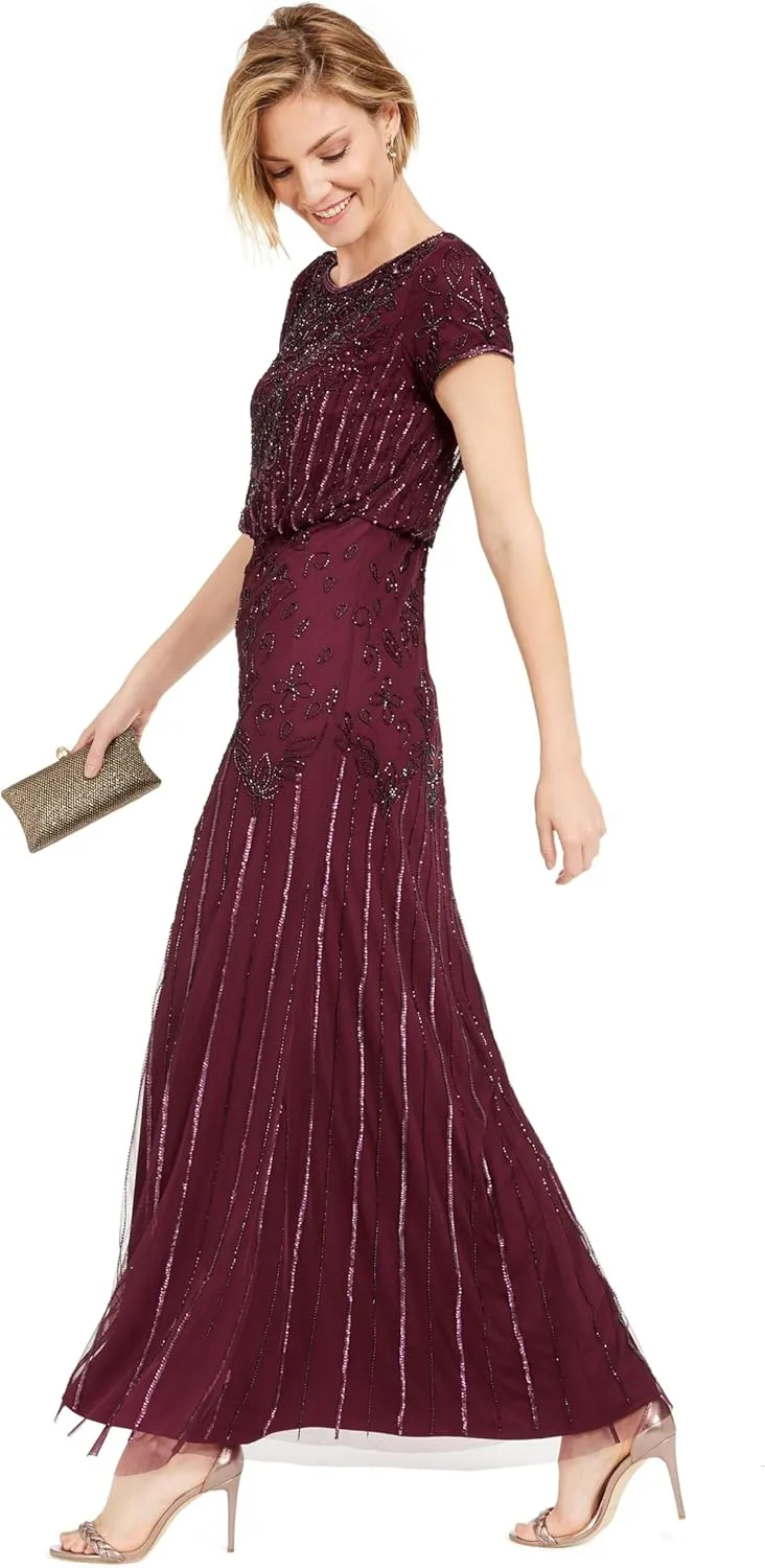 Adrianna Papell Women's Short Sleeve Beaded Gown