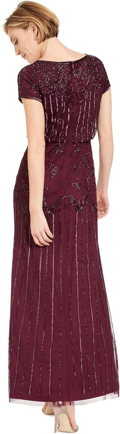 Adrianna Papell Women's Short Sleeve Beaded Gown