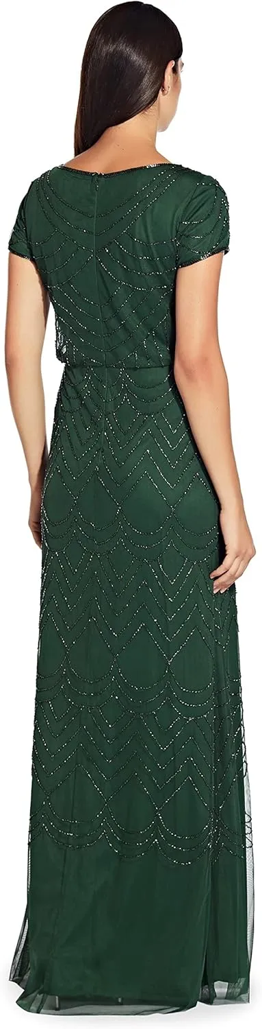 Adrianna Papell Women's Short Sleeve Blouson Beaded Gown