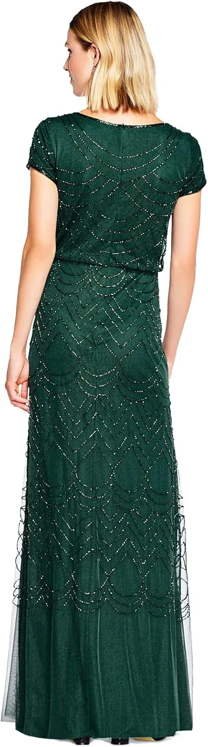 Adrianna Papell Women's Short Sleeve Blouson Beaded Gown