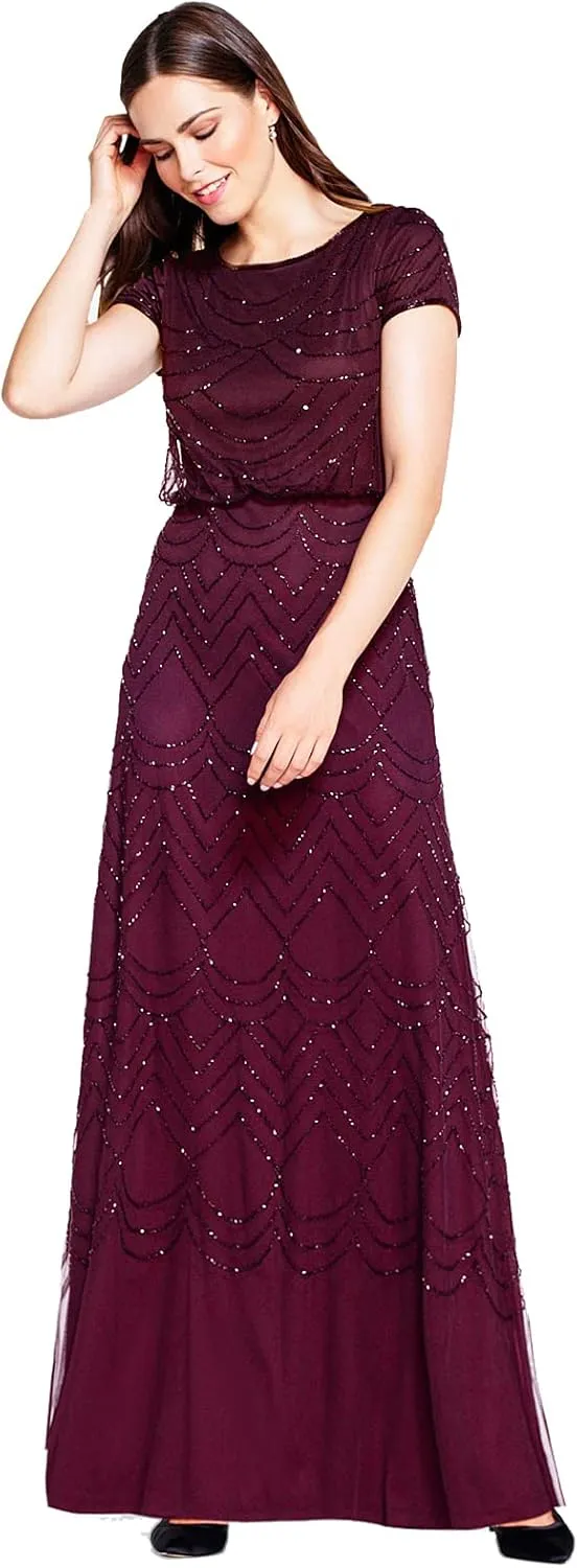 Adrianna Papell Women's Short Sleeve Blouson Beaded Gown