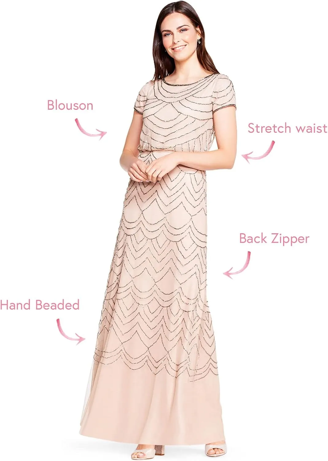Adrianna Papell Women's Short Sleeve Blouson Beaded Gown