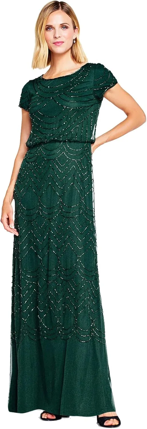 Adrianna Papell Women's Short Sleeve Blouson Beaded Gown