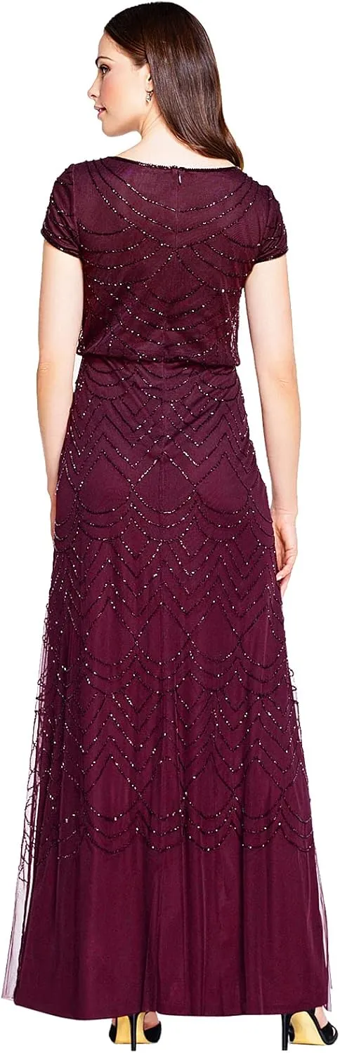 Adrianna Papell Women's Short Sleeve Blouson Beaded Gown