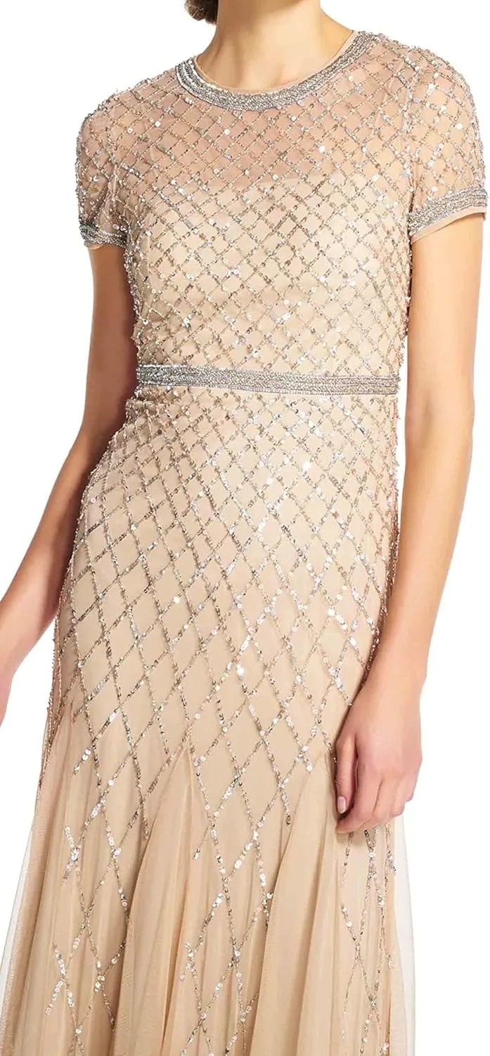 Adrianna Papell Women's Short-Sleeve Grid Beaded Gown