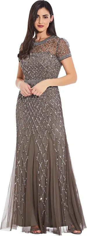 Adrianna Papell Women's Short-Sleeve Grid Beaded Gown