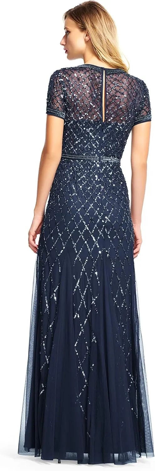 Adrianna Papell Women's Short-Sleeve Grid Beaded Gown