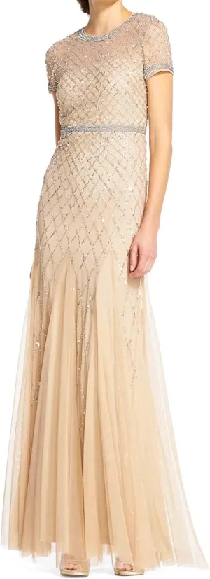 Adrianna Papell Women's Short-Sleeve Grid Beaded Gown