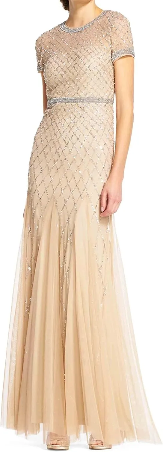 Adrianna Papell Women's Short-Sleeve Grid Beaded Gown