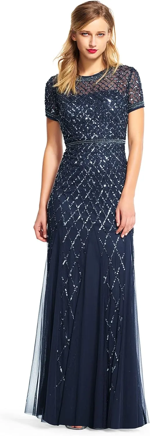 Adrianna Papell Women's Short-Sleeve Grid Beaded Gown
