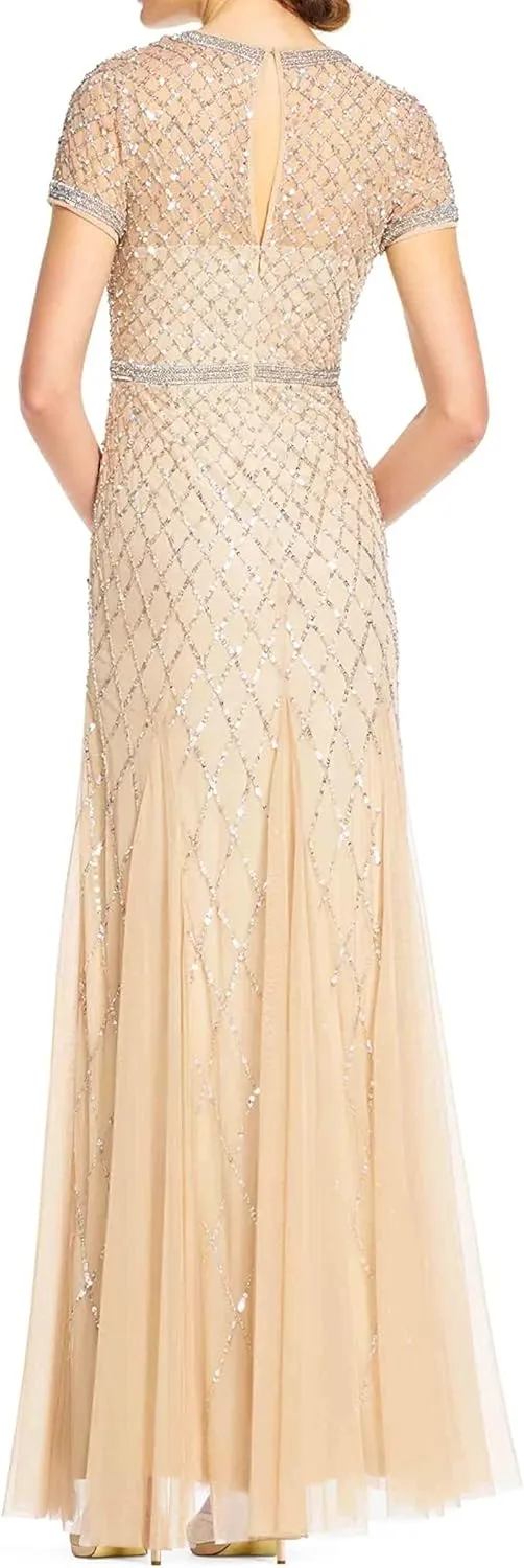 Adrianna Papell Women's Short-Sleeve Grid Beaded Gown
