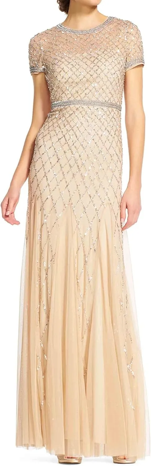 Adrianna Papell Women's Short-Sleeve Grid Beaded Gown