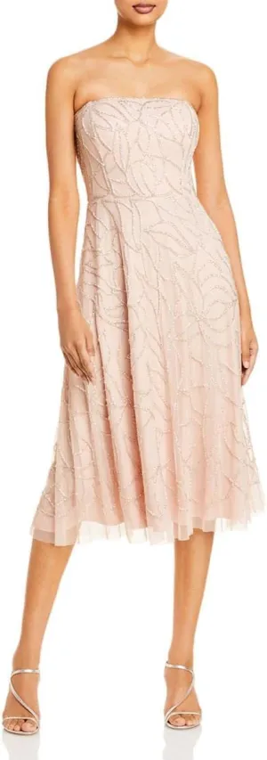 Aidan Mattox Womens Beaded Zippered Sheer Lined Sleeveless Strapless Below The Knee Cocktail Fit   Flare Dress