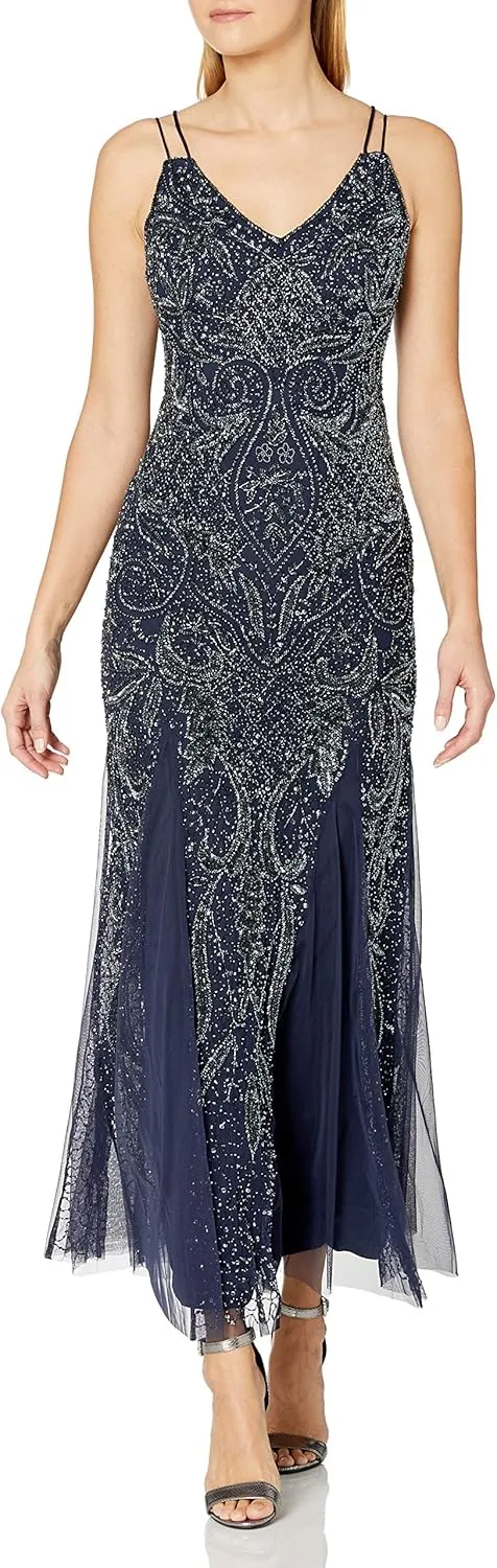Aidan Mattox Women's Halter Plunging Vneck Beaded Gown with Low Back
