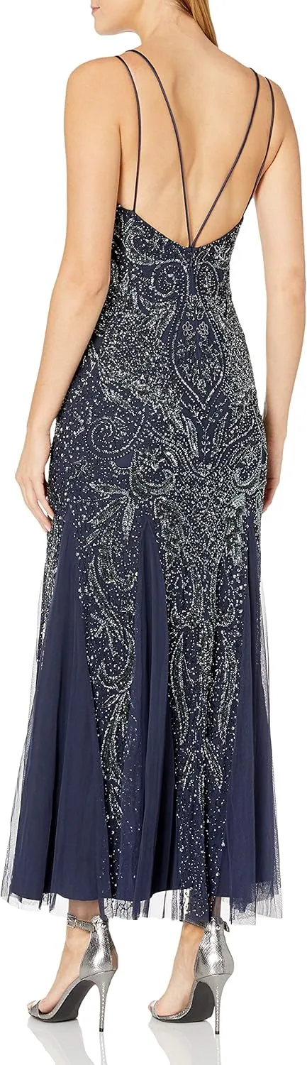 Aidan Mattox Women's Halter Plunging Vneck Beaded Gown with Low Back