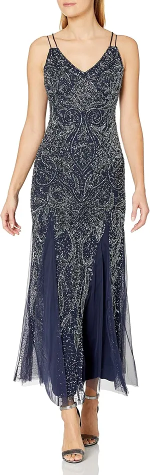 Aidan Mattox Women's Halter Plunging Vneck Beaded Gown with Low Back