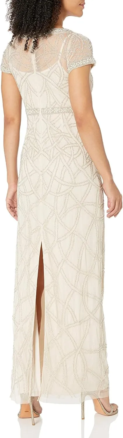 Aidan Mattox Women's Short Sleeve Beaded Illusion Gown