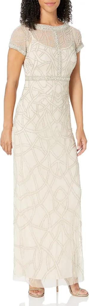 Aidan Mattox Women's Short Sleeve Beaded Illusion Gown