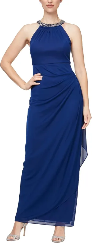 Alex Evenings Women's Long Formal Stretch Mesh Beaded Halter Neck Dress
