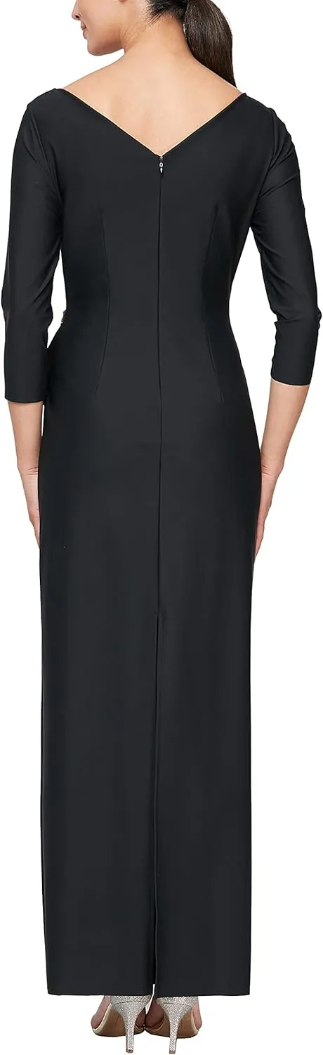 Alex Evenings Women's Slimming Long Length ¾ Sleeve Mother of The Bride Dress with Cascade Ruffle Skirt and Side Ruching