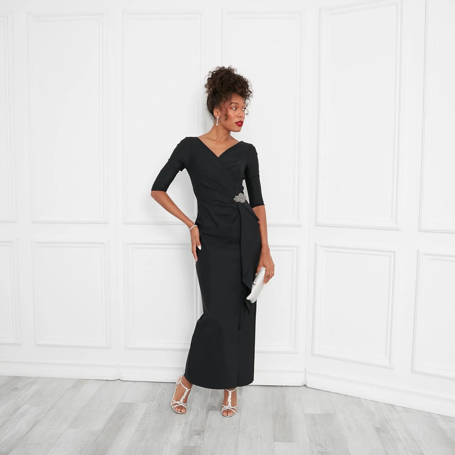 Alex Evenings Women's Slimming Long Length ¾ Sleeve Mother of The Bride Dress with Cascade Ruffle Skirt and Side Ruching