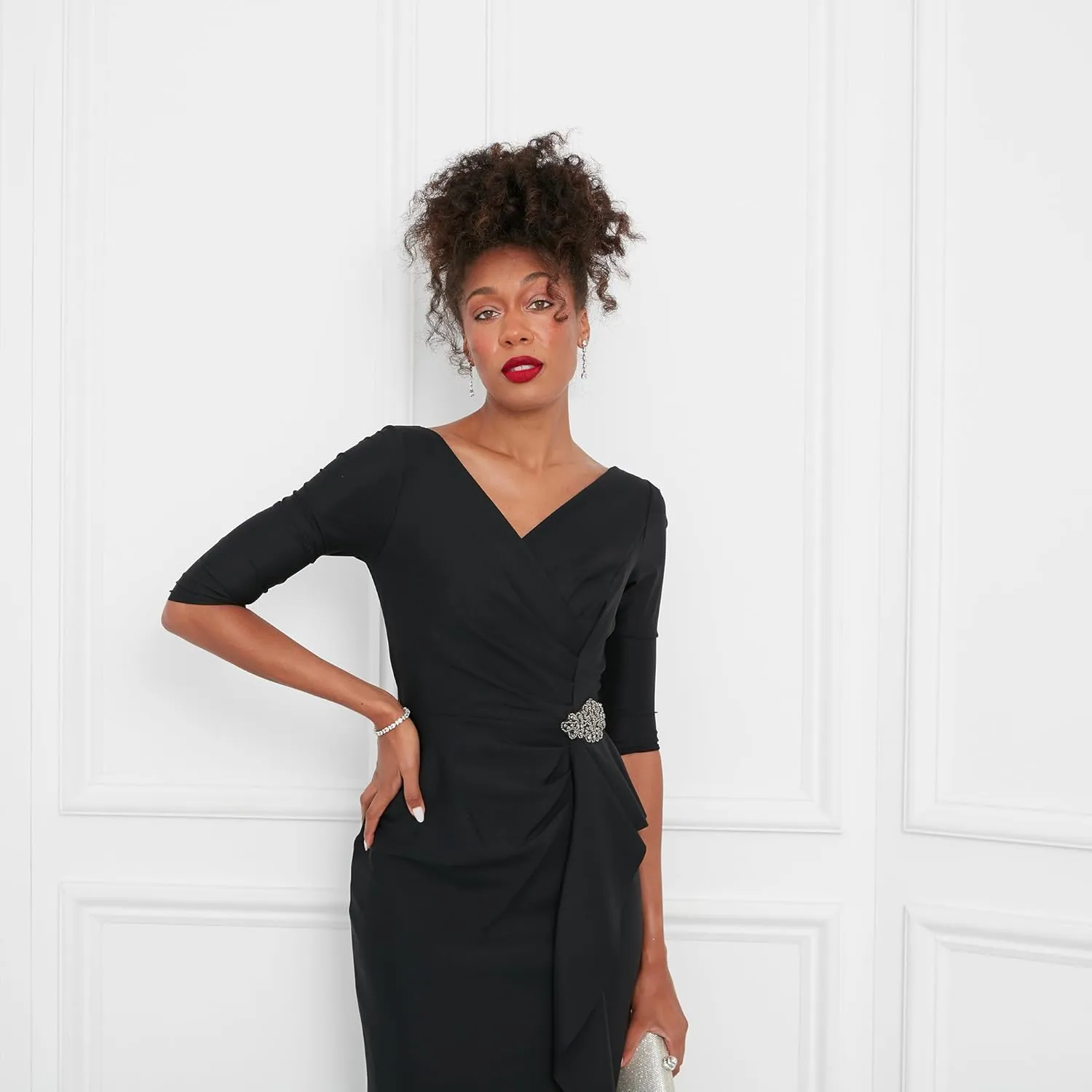 Alex Evenings Women's Slimming Long Length ¾ Sleeve Mother of The Bride Dress with Cascade Ruffle Skirt and Side Ruching
