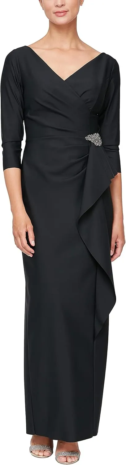 Alex Evenings Women's Slimming Long Length ¾ Sleeve Mother of The Bride Dress with Cascade Ruffle Skirt and Side Ruching