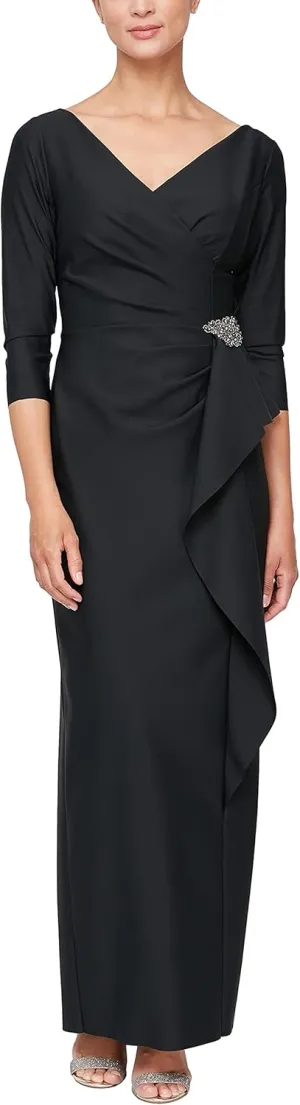Alex Evenings Women's Slimming Long Length ¾ Sleeve Mother of The Bride Dress with Cascade Ruffle Skirt and Side Ruching