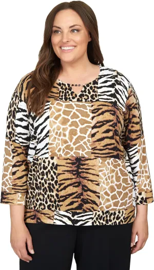 Alfred Dunner Classics Animal Patch Print Cotton Sweater