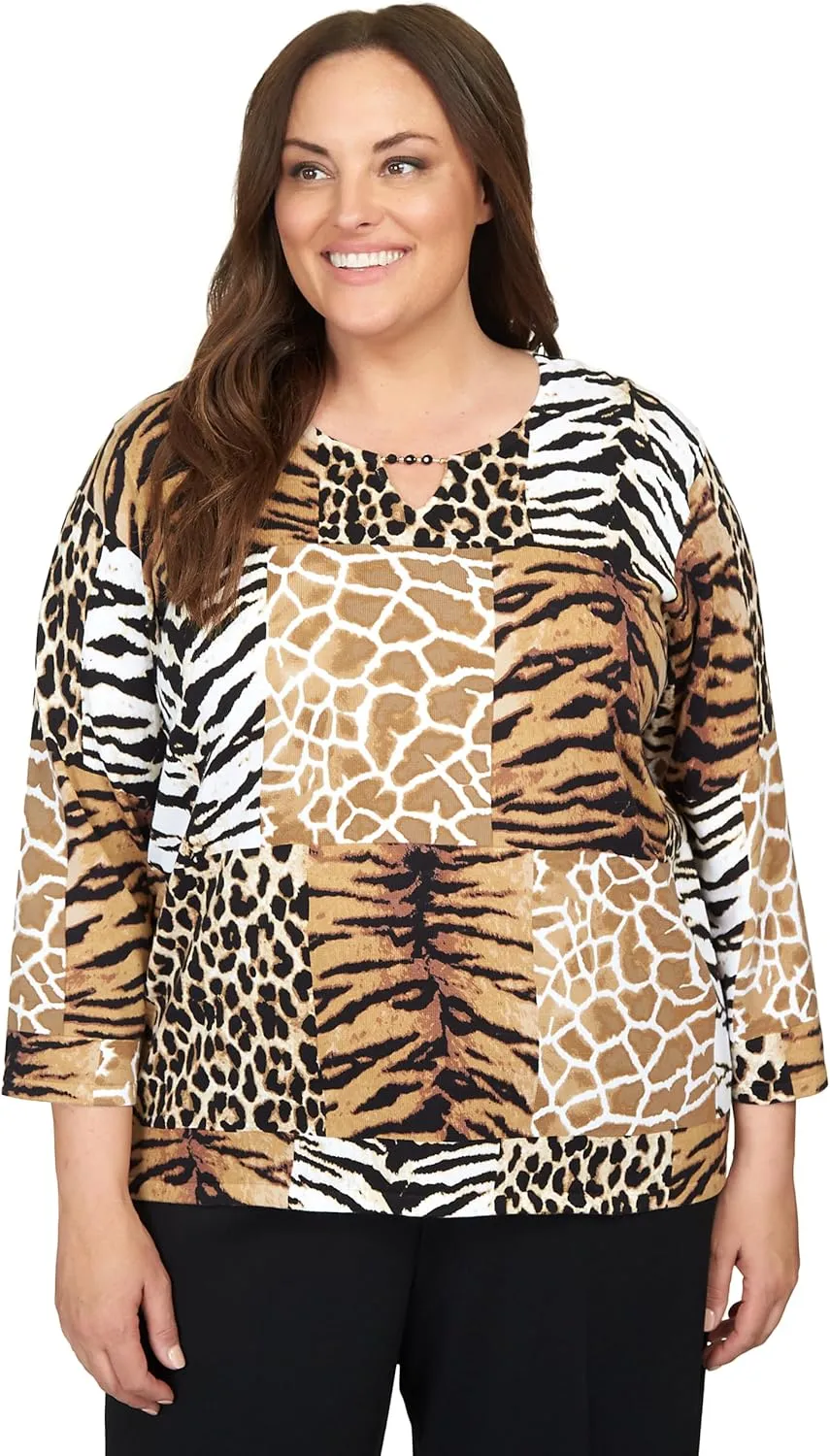 Alfred Dunner Classics Animal Patch Print Cotton Sweater