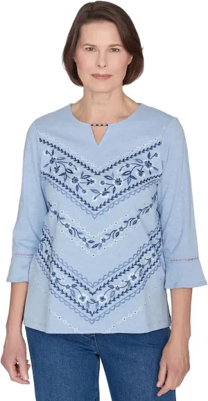 Alfred Dunner Women's Scottsdale Floral Chevron Beaded Split Neck Top