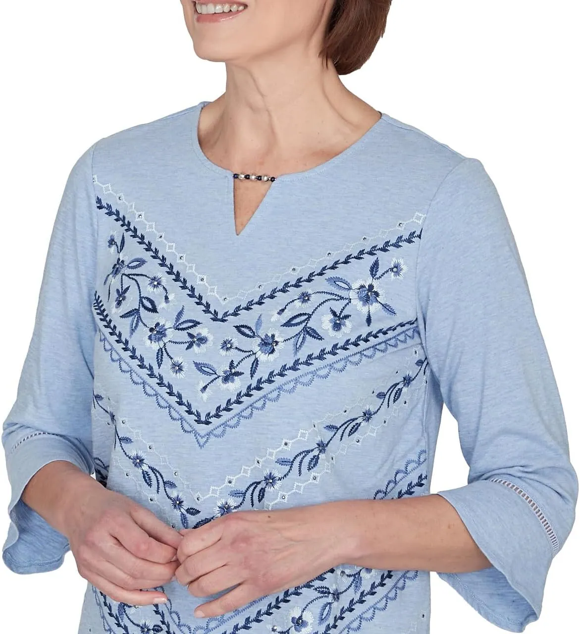 Alfred Dunner Women's Scottsdale Floral Chevron Beaded Split Neck Top