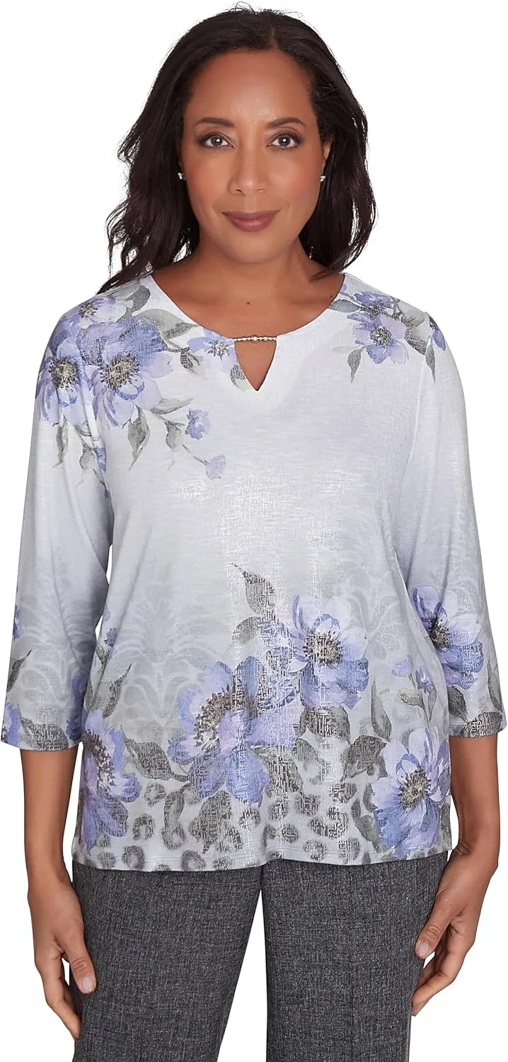 Alfred Dunner Worth Avenue Asymmetrical Floral Shimmer Top Polyester