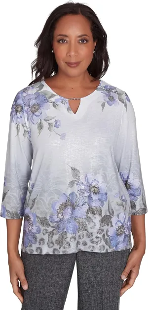 Alfred Dunner Worth Avenue Asymmetrical Floral Shimmer Top Polyester