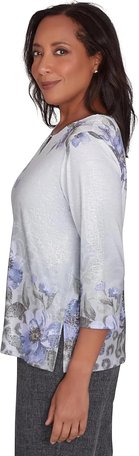 Alfred Dunner Worth Avenue Asymmetrical Floral Shimmer Top Polyester