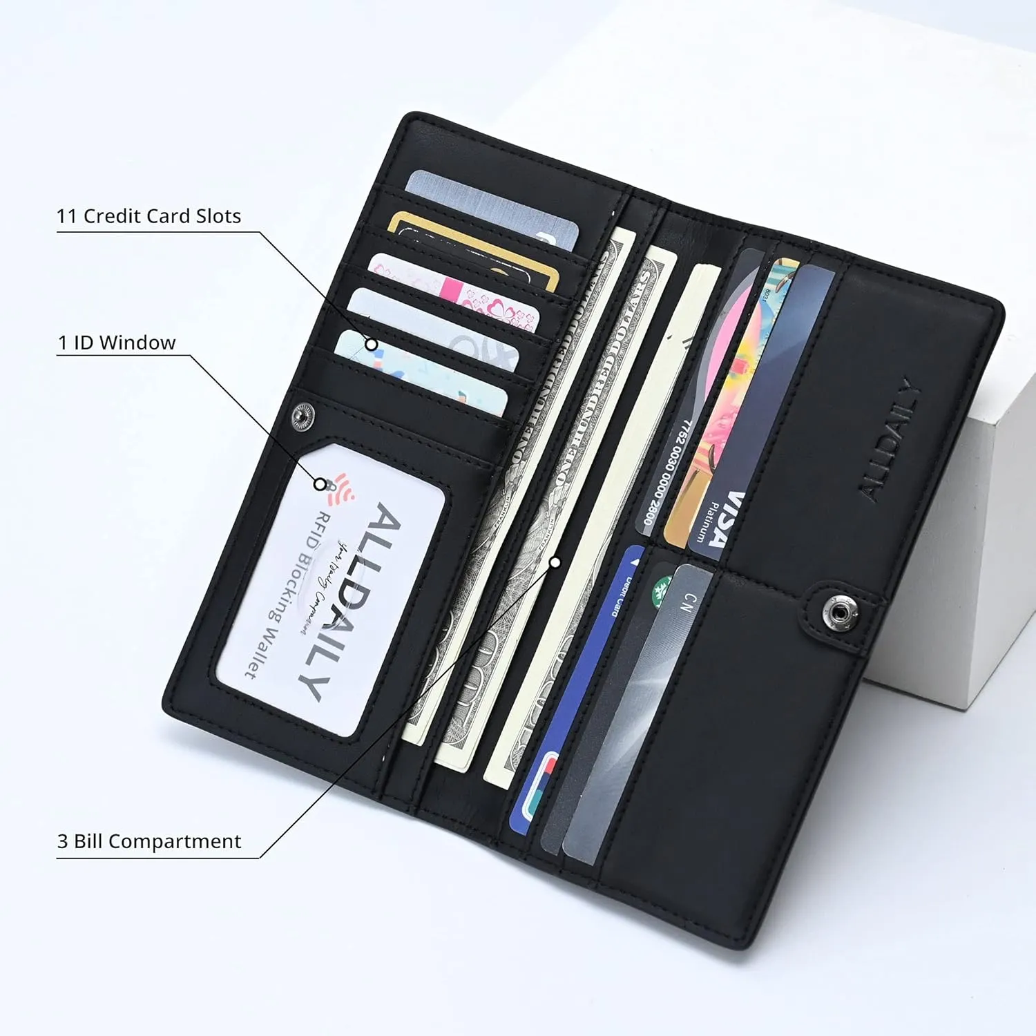 Alldaily Ultra Slim Thin Women Wallet RFID Blocking Credit Card Holder Bifold Long Ladies Billfold (Black)
