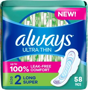 Always Ultra Thin Feminine Pads For Women, Size 2 Long Super Absorbency, With Wings, Unscented, 58 Count