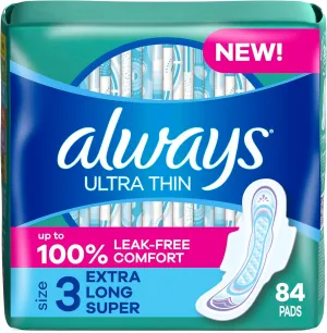 Always Ultra Thin Feminine Pads For Women, Size 3 Extra Heavy Long Absorbency, Multipack, With Wings, Unscented, 28 Count (Pack of 3)