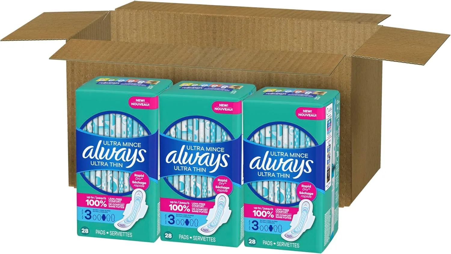 Always Ultra Thin Feminine Pads For Women, Size 3 Extra Heavy Long Absorbency, Multipack, With Wings, Unscented, 28 Count (Pack of 3)