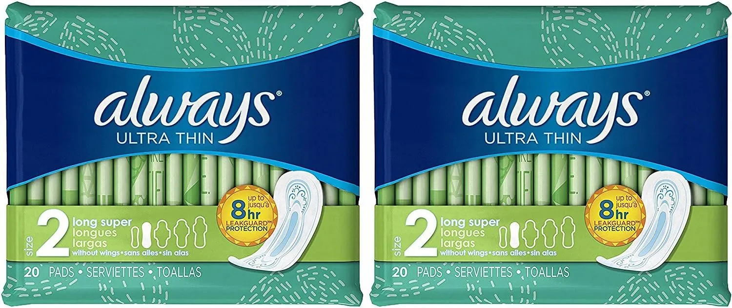 Always Ultra Thin Long Super Pads, 20 Count, (Pack of 2)