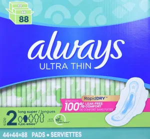 Always Ultra Thin Long Super Pads with Wings, Unscented, 88 Count