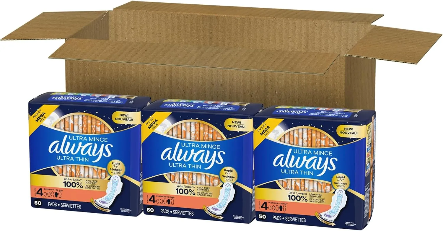 Always Ultra Thin Overnight Pads, Size 4, Overnight, Unscented, 50 Count x 3 Packs (150 Count total) (Packaging May Vary)
