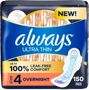 Always Ultra Thin Overnight Pads, Size 4, Overnight, Unscented, 50 Count x 3 Packs (150 Count total) (Packaging May Vary)