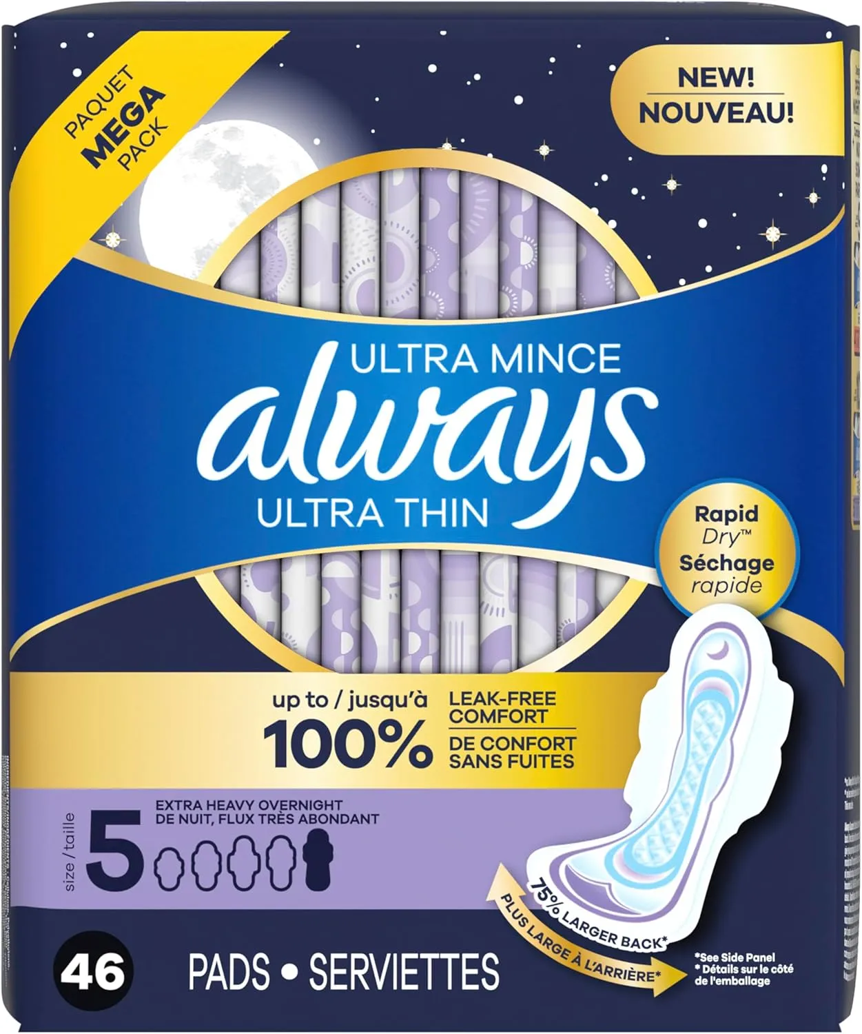 Always Ultra Thin Overnight Pads, Size 5, Extra Heavy Overnight, Unscented, 92 Count