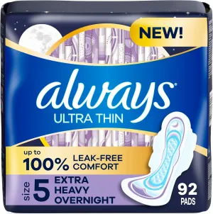 Always Ultra Thin Overnight Pads, Size 5, Extra Heavy Overnight, Unscented, 92 Count